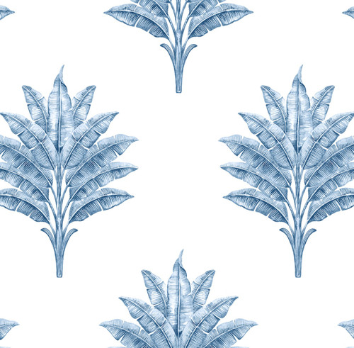 HG10602 Sea Breeze Palm Coastal Blue Botanical Theme Vinyl Self-Adhesive Wallpaper Harry & Grace Peel and Stick Collection Made in United States