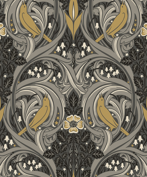 ET12208 Bird Scroll Charcoal & Goldenrod Botanical Theme Nonwoven (FSC) Unpasted Wallpaper Legacy Prints Collection Made in Netherlands