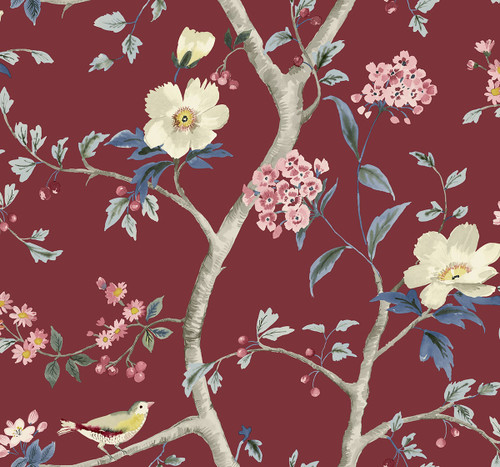 LN40011 Sparrow Haven  Crimson Chinoiserie Theme 20 oz. Type II Vinyl Unpasted Wallpaper Coastal Haven Collection Made in United States