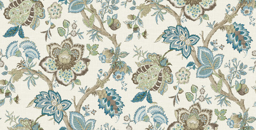 FC62606F Bernadette Linen Fabric Hickory Smoke & Blue Bell Floral Theme Cotton Linen Blend Unpasted Wallpaper French Country Collection Made in United States