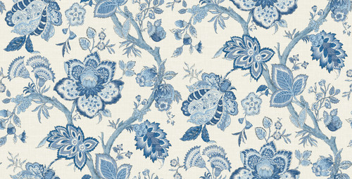 FC62602F Bernadette Linen Fabric French Blue Floral Theme Cotton Linen Blend Unpasted Wallpaper French Country Collection Made in United States