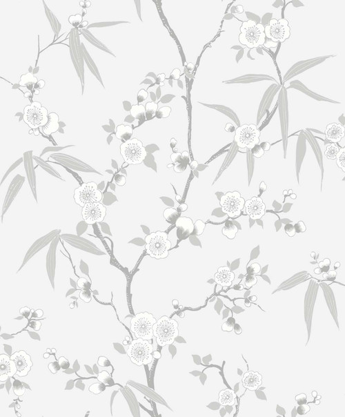 EW11108 Floral Blossom Trail Soft Grey Floral Theme Nonwoven Unpasted Wallpaper White Heron Collection Made in Netherlands