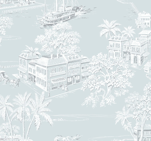 NW53702 Coastline Toile Blue Mist Toile Theme Vinyl Self-Adhesive Wallpaper NextWall Peel & Stick Collection Made in United States