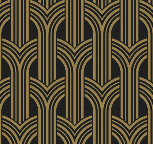 NW50900 Deco Geometric Arches Ebony & Metallic Gold Geometric Theme Vinyl Self-Adhesive Wallpaper NextWall Peel & Stick Collection Made in United States