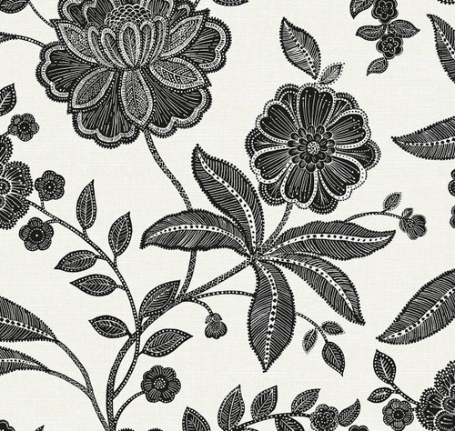 NW51600 Julian Jacobean Floral Ebony & Ivory Floral Theme Vinyl Self-Adhesive Wallpaper NextWall Peel & Stick Collection Made in United States