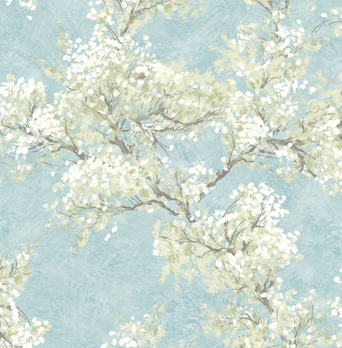 NW50102 Cherry Blossom Grove Blue Mist & Green Tea Floral Theme Vinyl Self-Adhesive Wallpaper NextWall Peel & Stick Collection Made in United States