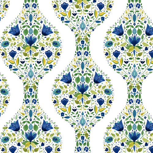 NW45004 Floral Ogee Cobalt & Spring Green Floral Theme Vinyl Self-Adhesive Wallpaper NextWall Peel & Stick Collection Made in United States