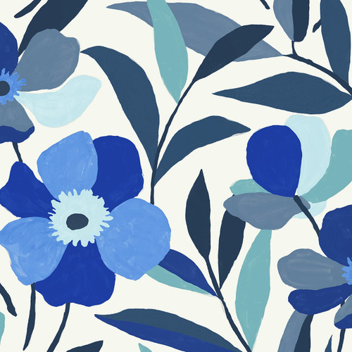 NW45302 Garden Block Floral Cobalt Blue & Lagoon Floral Theme Vinyl Self-Adhesive Wallpaper NextWall Peel & Stick Collection Made in United States
