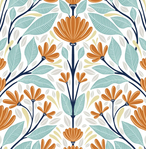 NW47101 Folk Floral Verdigris & Orange Floral Theme Vinyl Self-Adhesive Wallpaper NextWall Peel & Stick Collection Made in United States