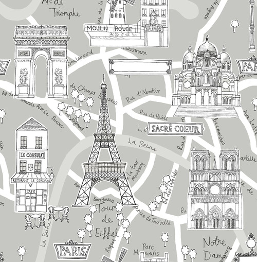 NW44808 Paris Scene Argos Grey Illustration Theme Vinyl Self-Adhesive Wallpaper NextWall Peel & Stick Collection Made in United States