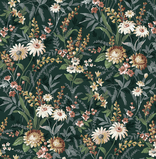 NW45704 Vintage Floral Forest Green Floral Theme Vinyl Self-Adhesive Wallpaper NextWall Peel & Stick Collection Made in United States