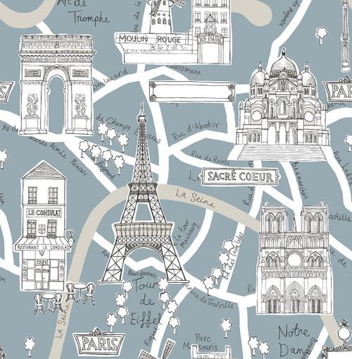 NW44802 Paris Scene Smokey Blue Illustration Theme Vinyl Self-Adhesive Wallpaper NextWall Peel & Stick Collection Made in United States