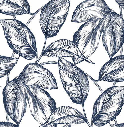 NW46902 Sketched Leaves Navy Blue Botanical Theme Vinyl Self-Adhesive Wallpaper NextWall Peel & Stick Collection Made in United States