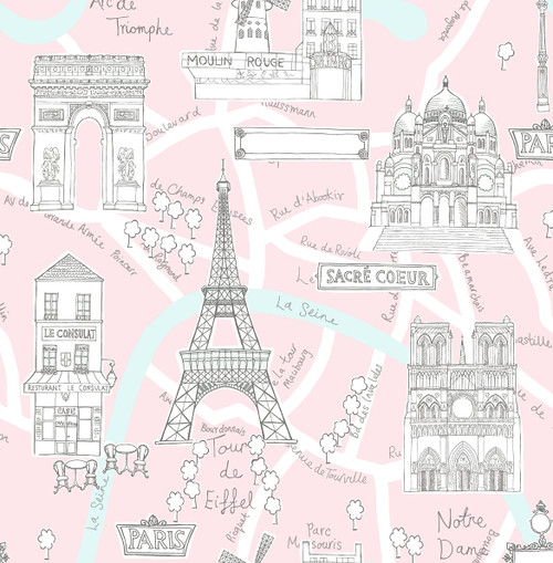 NW44801 Paris Scene Pale Pink Illustration Theme Vinyl Self-Adhesive Wallpaper NextWall Peel & Stick Collection Made in United States