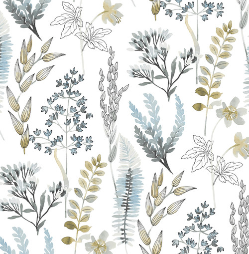 NW45404 Wild Garden Glacier Blue & Matte Brass Botanical Theme Vinyl Self-Adhesive Wallpaper NextWall Peel & Stick Collection Made in United States