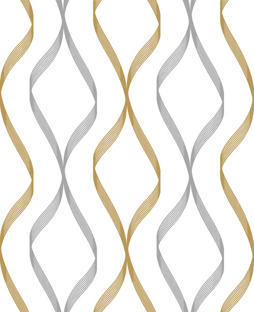 NW45105 Ogee Ribbon Silver & Gold Geometric Theme Vinyl Self-Adhesive Wallpaper NextWall Peel & Stick Collection Made in United States