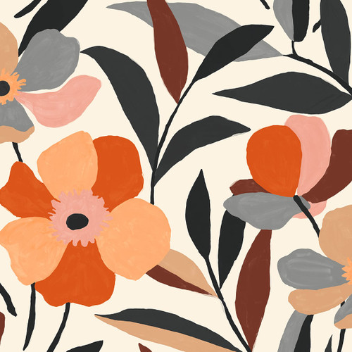 NW45306 Garden Block Floral Orange & Ebony Floral Theme Vinyl Self-Adhesive Wallpaper NextWall Peel & Stick Collection Made in United States