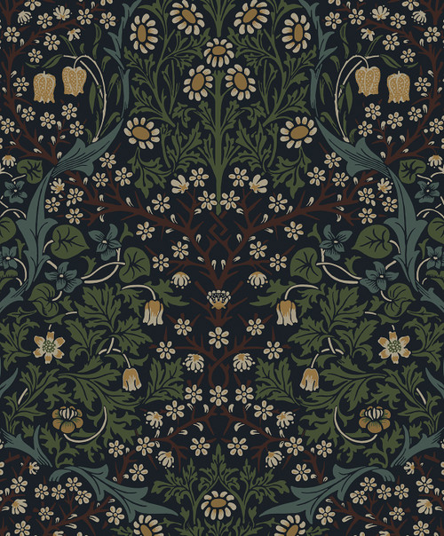 NW44522 Victorian Garden Midnight Blue & Evergreen Floral Theme Vinyl Self-Adhesive Wallpaper NextWall Peel & Stick Collection Made in Netherlands