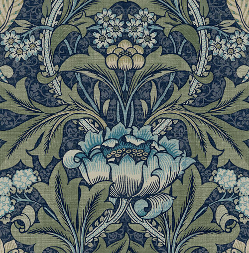 NW41512 Acanthus Floral Denim & Sage Floral Theme Vinyl Self-Adhesive Wallpaper NextWall Peel & Stick Collection Made in United States