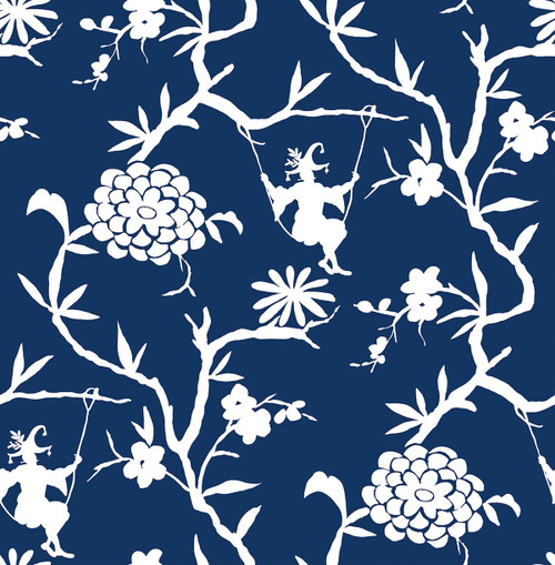 NW36602 Chinoiserie Silhouette Navy Blue Chinoiserie Theme Vinyl Self-Adhesive Wallpaper NextWall Peel & Stick Collection Made in United States