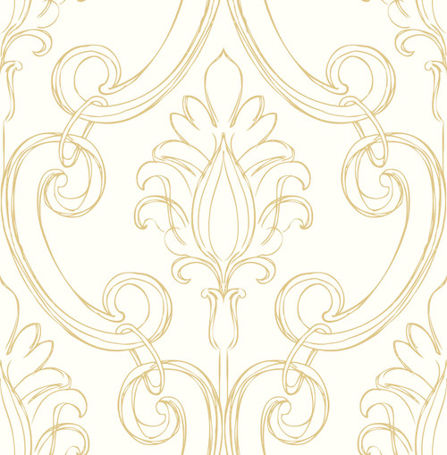 NW39405 Sketched Damask Metallic Gold Damask Theme Vinyl Self-Adhesive Wallpaper NextWall Peel & Stick Collection Made in United States