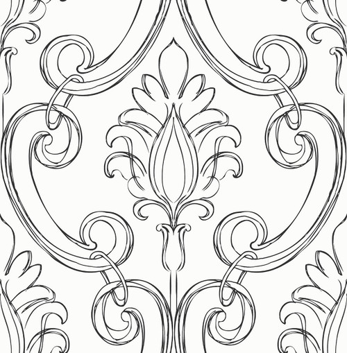 NW39400 Sketched Damask Ebony Damask Theme Vinyl Self-Adhesive Wallpaper NextWall Peel & Stick Collection Made in United States