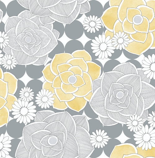 NW35203 Retro Floral Yellow & Gray Floral Theme Vinyl Self-Adhesive Wallpaper NextWall Peel & Stick Collection Made in United States