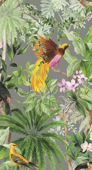 HG10908 Tropical Bird Grey Botanical Theme Vinyl Self-Adhesive Wallpaper Harry & Grace Peel and Stick Collection Made in United States