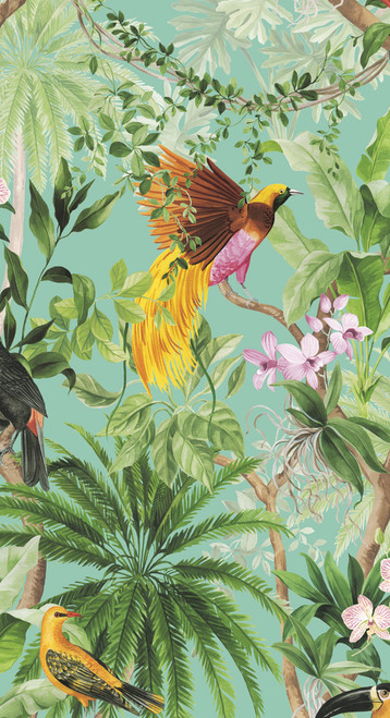 HG10902 Tropical Bird Aqua Botanical Theme Vinyl Self-Adhesive Wallpaper Harry & Grace Peel and Stick Collection Made in United States