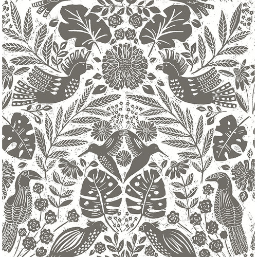 4122-27004 Nestle Charcoal Gray Bird Block Print Animals Theme Unpasted Non Woven Wallpaper Terrace Collection Made in Great Britain