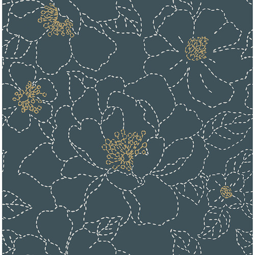 4122-27009 Gardena Indigo Blue Embroidered Floral Botanical Theme Unpasted Non Woven Wallpaper Terrace Collection Made in Great Britain