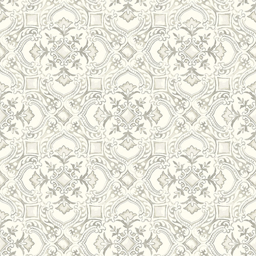 4134-72515 Marjoram Light Gray Floral Tile Sure Strip Prepasted Wallpaper from Wildflower by Chesapeake Made in United States