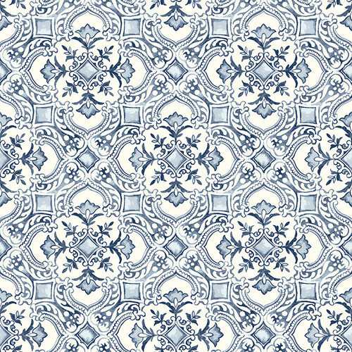 4134-72513 Marjoram Blue Floral Tile Sure Strip Prepasted Wallpaper from Wildflower by Chesapeake Made in United States