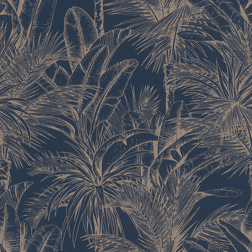 2980-478044 Serra Dark Blue Palm Tropical Style Unpasted Non Woven Wallpaper from Splash by Advantage Made in Germany
