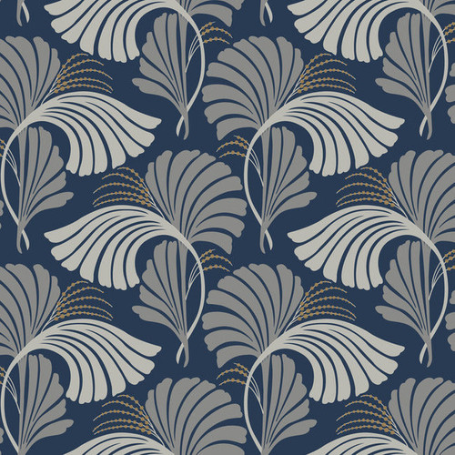 DT5133 Dancing Leaves Navy Blue Gray Unpasted Non Woven Botanical Wallpaper from Candice Olsen After Eight Collection Made in United States
