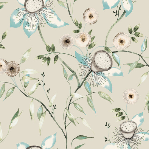 BL1794 Dream Blossom Taupe Aqua Floral Theme Unpasted Non Woven Wallpaper from Blooms Second Edition Resource Library