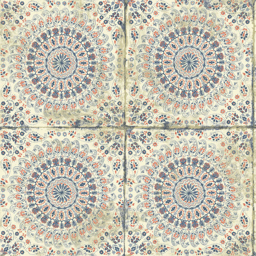 Wallquest RY30706 Mandala Boho Tile Coral Cream and Midnight Blue