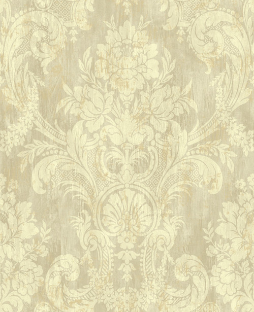 Classical Bouquet Damask Wallpaper in Gold and Taupe BM60909 from Wallquest