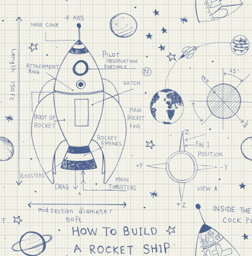 Wallquest DA60702 Rocket Ship White and Navy Wallpaper