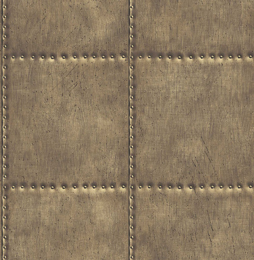 2701-22341 Sheet Metal Rivets with Dimensional Design Wallpaper Metallic Brass Color Modern Style Non Woven Unpasted Wall Covering Reclaimed Collection from A-Street Prints by Brewster Made in Great Britain