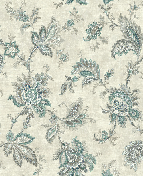Wallpaper IM70904 Jacobean Floral in Teal and Gray with Pearlized Eggshell Off White Wallpaper