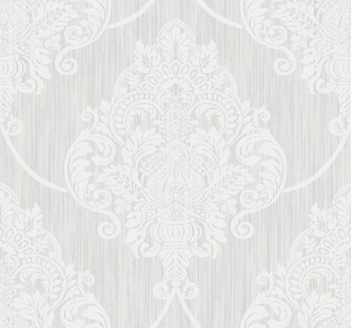 Wallquest AW70800 Puff Damask Silver Glitter and Off-White