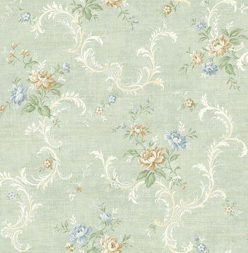 Tossed Floral Scroll Wallpaper in Vintage Blue MV80102 from Wallquest