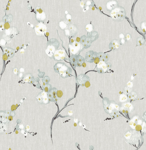 NU2679 Mirei Peel & Stick Wallpaper with Japanese Blossoms Inspired in Taupe Grey Green White Colors Kitchen & Bath Style Peel and Stick Adhesive Vinyl