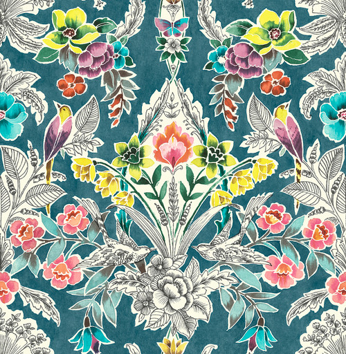 NU3037 Summer Love Peel & Stick Wallpaper with Birds Flowers Roses Pop in Teal Yellow Gray Green Colors Modern Style Peel and Stick Adhesive Vinyl