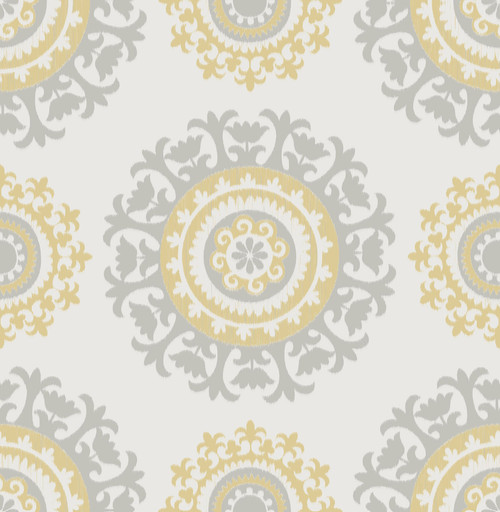 NuWallpaper by Brewster NUW1652 Grey and Yellow Suzani Peel & Stick Wallpaper