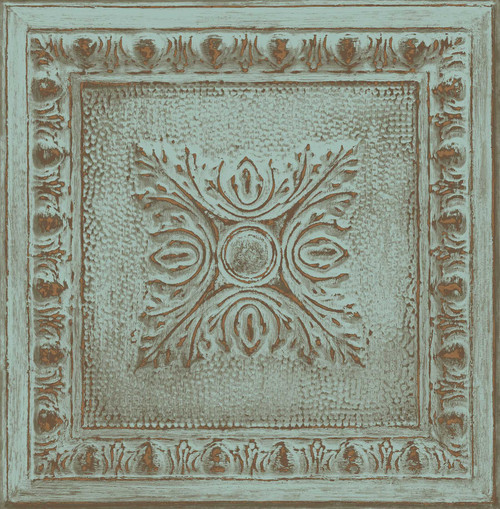 2540-24032 Ornamental Turquoise Blue Tin Tile with Copper Accent Wallpaper Non Woven Unpasted Wall Covering Restored Collection from A-Street Prints by Brewster Made in Great Britain