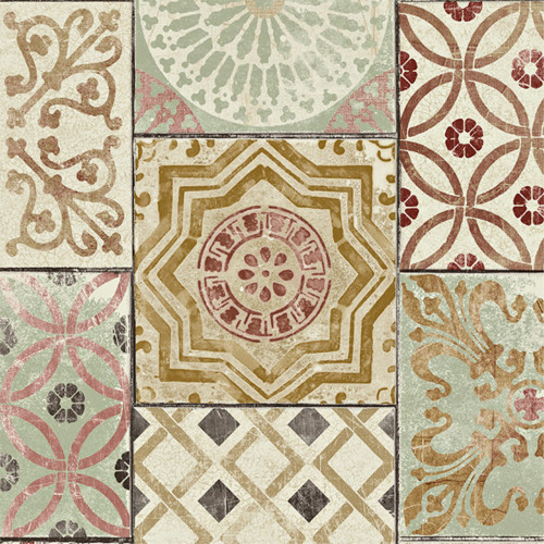 GW1011 Moroccan Tiles  Peel and Stick Wallpaper  Contact Paper Gold / Rust / Celadon