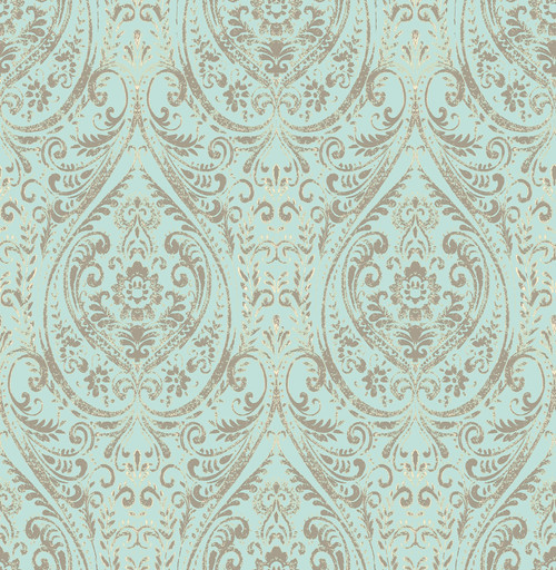 NU2079 Nomad Damask Peel & Stick Wallpaper with Unique Hand Painted Look in Turquoise Blue Brown Colors Bohemian Style Peel and Stick Adhesive Vinyl