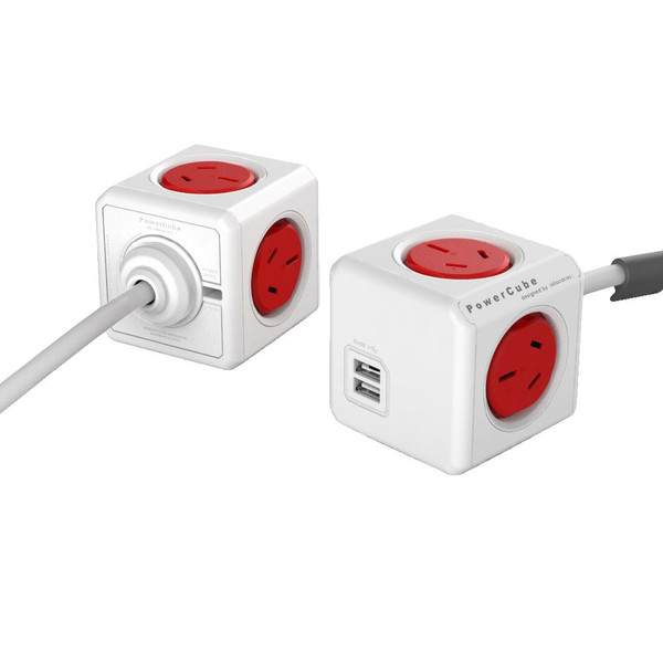 ALLOCACOC POWERCUBE Extended USB RED-4 Outlets-2 USB 3.0m CABLE